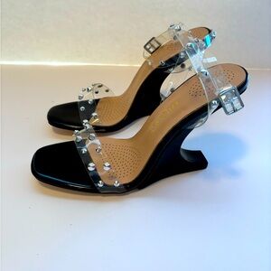FINAL! NWOT! AZALEA WANG PATENT BLACK SILVER ACCENT CUT HEEL ANKLE WRAP HEELS